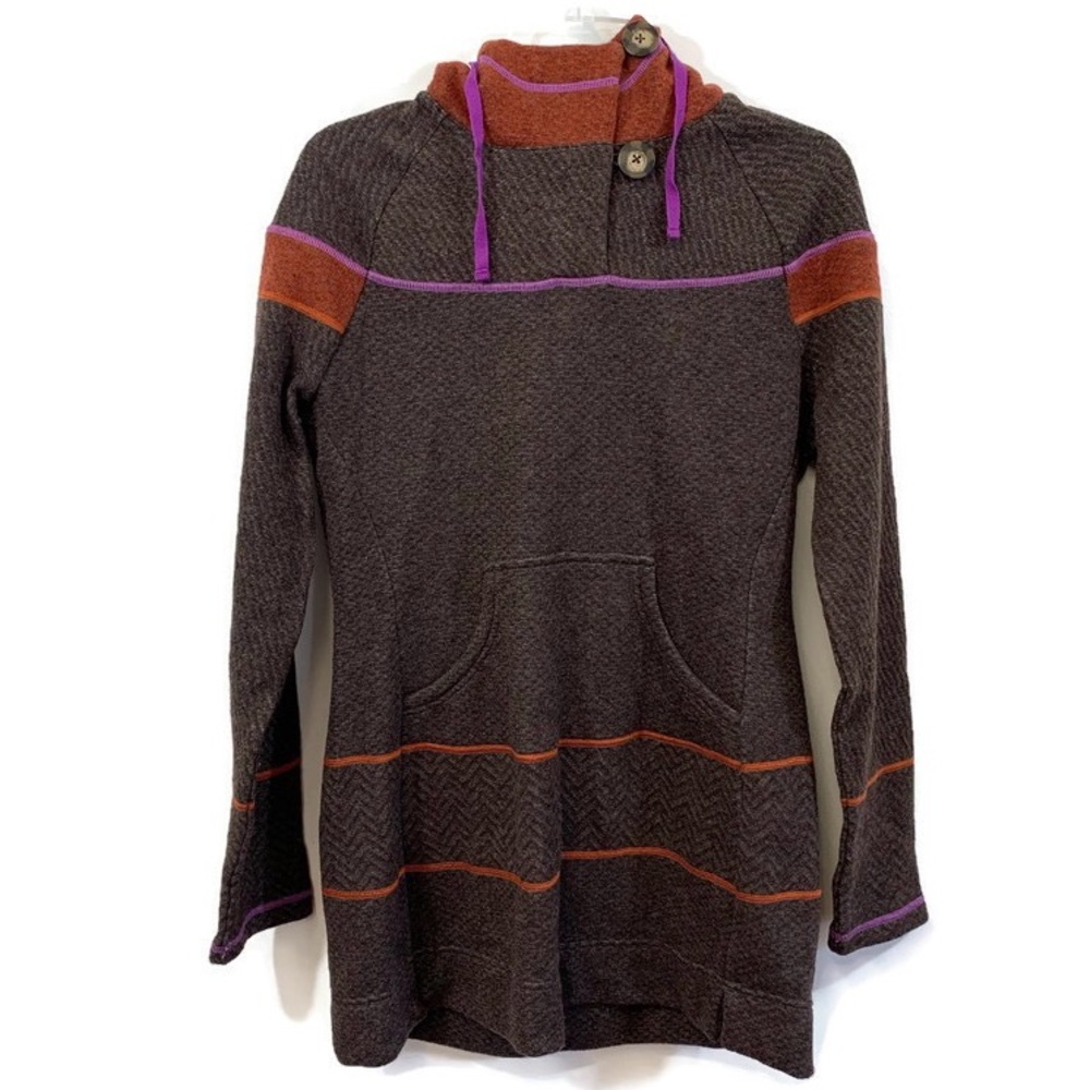 Prana Brown Hooded Long Sleeve Dress with Orange and Purple Accents